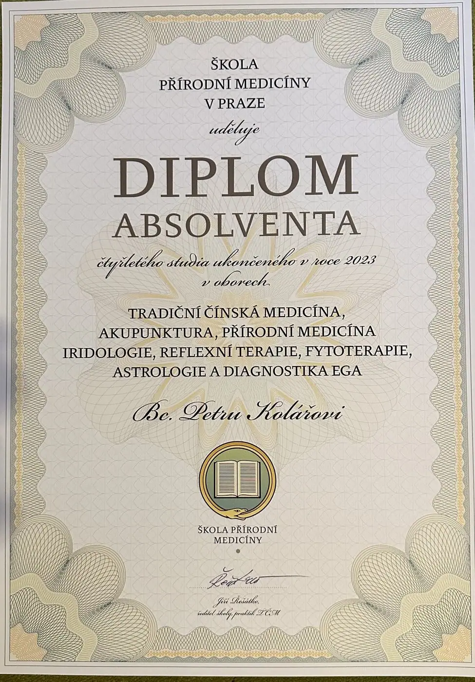 Graduation diploma from the four-year course at the School of Natural Medicine in Prague – Bc. Petr Kolář